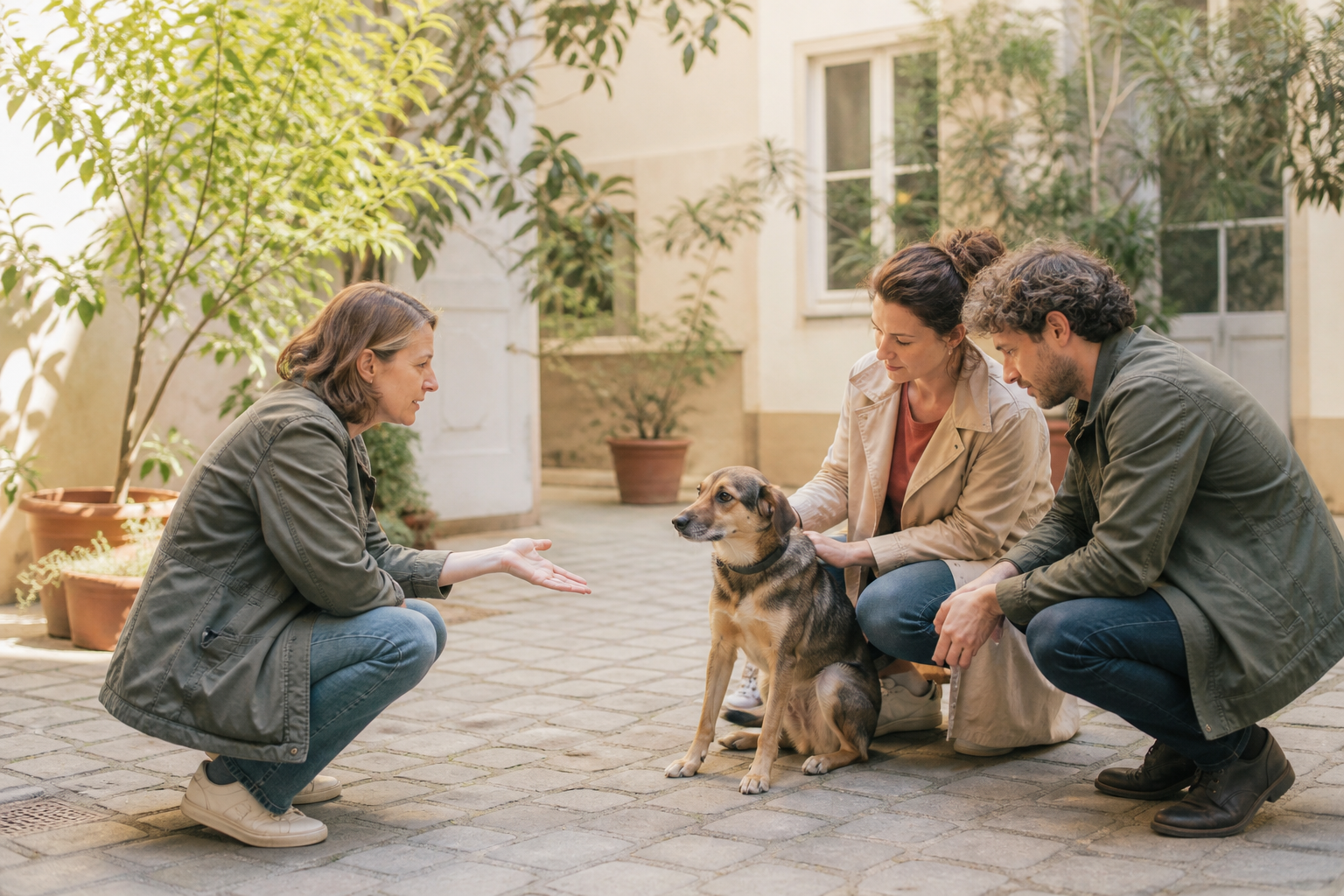 Unabhängige Hundeverhaltensberaterin beobachtet einen Hund gemeinsam mit Interessenten in Wien